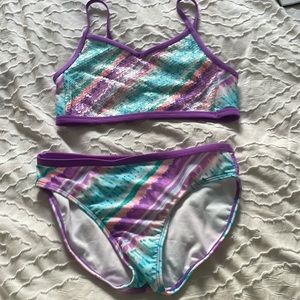Cute swim suit for girls , full coverage bottoms , sequins on top , from target